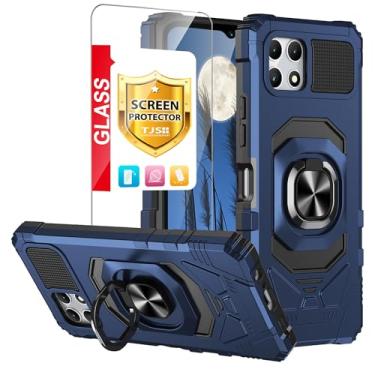 Imagem de TJS Capa compatível com T-Mobile Revvl 7 Pro 5G, com protetor de tela de vidro temperado, anel de metal, suporte magnético, suporte, capa resistente de proteção contra quedas (azul)