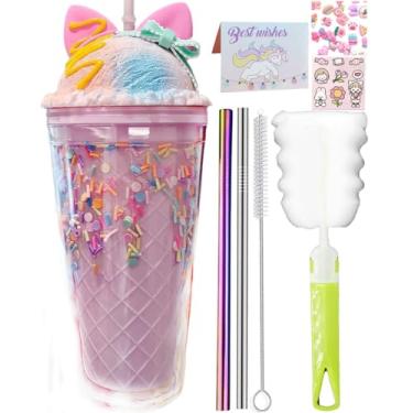 Imagem de seelucky Copo de viagem de unicórnio com canudo chocolate copo de bebida de gelo caneca de café de leite copo de plástico para festa de piquenique presente de aniversário (gato fofo rosa 8, 450 ml)