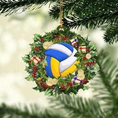 Imagem de Talataca Enfeite de Natal plano 2D de vôlei, esporte de vôlei com um chapéu de Natal, guirlanda de pinheiro, pingente de casa suspensa, lembrança de véspera de véspera, acessórios de espelho