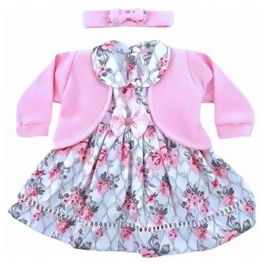 Imagem de Vestido de Bebê menina infantil 3 peças com bolero e tiara 100% algodã