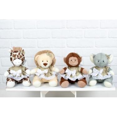 Imagem de CONJUNTO DE PELUCIAS SAFARI PROVENCE - LEÃO, GIRAFA, MACACO, ELEFANTE, 22 CM/VESTIDO COM LESE (caqui liso)