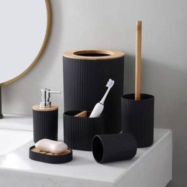 Imagem de Kit 6 Peças De Acessórios Para Banheiro Lixeira Porta Escova De Dente Saboneteira Copo Escova Sanitária Plástico Com Bambu Sortido