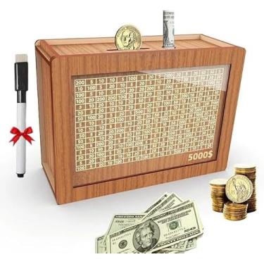 Imagem de Caixa de desafio para economizar dinheiro – Cofre de dinheiro, caixa econômica de madeira com alvo e números para dinheiro, cofrinho para adultos e crianças (A, 5000)
