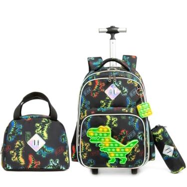 Imagem de Egchescebo Mochila Escolar Infantil com Rodinhas para Menino e Crianças Rodas Bolsa Mala Carrinho 17” 3PCS Lancheira Juvenil Estojo Costas Divertidamente Toy Brinquedos de Dinossauro Verde