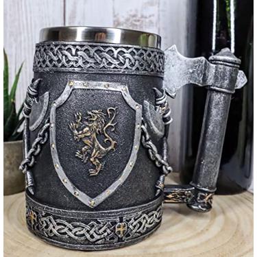 Imagem de Ebros Grande Medieval Brasão de Armas Leão Inglês Heráldica Escudos e Machados Cruzados Caneca Tankard 473 ml Reino da Inglaterra Leão Coração Brasão Cerveja Caneca Tankard Caneca de Café Arte