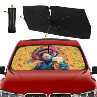 Imagem de Para-brisa de carro, guarda-sol, guarda-sol, macaco, dobrável, para janela de carro, para-brisa frontal, para-brisa para carro, compatível com a maioria dos veículos para bloqueio de raios UV e