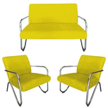 Imagem de Kit Namoradeira + 2 Poltronas Decorativa Bela Couro Amarelo Braço Crom