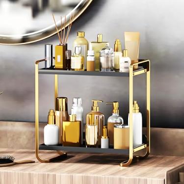 Imagem de Organizador de balcão de banheiro de aço carbono preto e dourado de 2 camadas - Bandeja de exibição cosmética para perfume, banheiro, cafeteria e armazenamento de toucador - Organizador moderno de