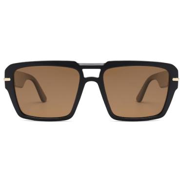 Imagem de VANLINKER Óculos de sol aviador com ponte dupla polarizada moderna para mulheres e homens, retrô, vintage, VL9835, Armação preta, lente marrom, Small