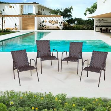 Imagem de Cadeira Tropical em Fibra Sintética com Braços, Poltrona para Jardim, Varanda e Piscina, kit com 4 Unidades Argila