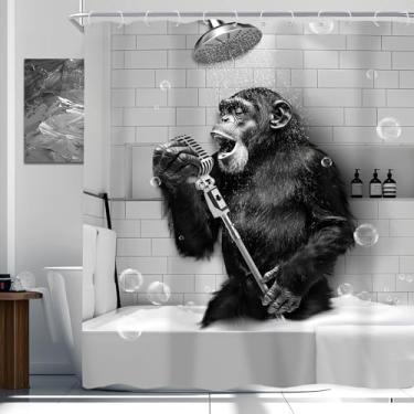 Imagem de Newsely Cortina de chuveiro engraçada macaco 152 cm L x 182 cm A preto e branco animal chimpanzé cantando na banheira, conjunto de cortina de chuveiro masculino e infantil moderno moderno à prova