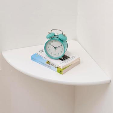 Imagem de Prateleira de canto, prateleira de canto flutuante de madeira de carvalho maciça, suporte de parede, alto-falante flutuante de extremidade redonda com orifício de arame para fotos de plantas pequenas