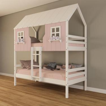 Imagem de Beliche Casinha Encantada Madeira Maciça Rosa/ Branco Housin