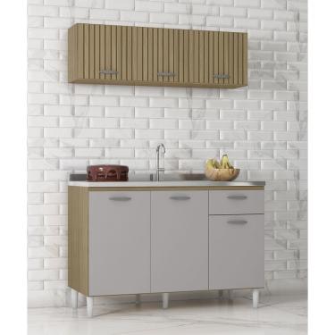 Imagem de Kit de Cozinha Alice 120m com Balcão Para Pia Sem Tampo/Cuba - Damasco Off White Ripado Poquema 