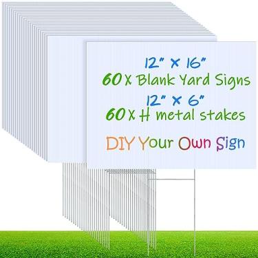 Imagem de Kigley Pacote com 60 placas de jardim em branco com estacas placa de gramado de plástico ondulado 30 x 40,6 cm, placas de jardim de dois lados, à prova d'água, para venda de garagem, festa, casas