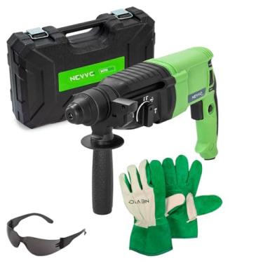 Imagem de Kit Martelete Perfurador Rompedor 800W 127V 4000IPM SDS Plus 3 Joules 26mm C/Maleta de Acessórios + Luva de Raspa Vaqueta Multiuso NEVVO + Óculos de Segurança EPI