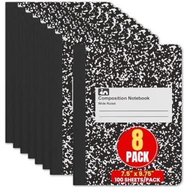 Imagem de 1InTheOffice Caderno de composição 19 cm x 24,8 cm, caderno pautado largo, capa de mármore, preto, 100 folhas, pacote com 8