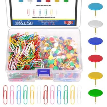 Imagem de Glarks Conjunto de 1000 peças de tachinhas revestidas de vinil e clipes de papel revestidos de vinil colorido, inclui 500 clipes de papel de 28,8 mm/1,13 pol, 500 peças de 10,3 mm/0,4 pol. tachinhas