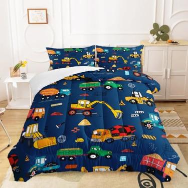 Imagem de QOOMO Conjunto de edredom infantil de construção, para meninos e meninas, tamanho casal com desenho animado azul escuro, caminhão, carros, escavadeira, trator, edredom com 1 edredom e 2 fronhas