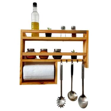 Imagem de Porta Tempero De Madeira Nicho Para Cozinha Estilo Rustico Com Ganchos