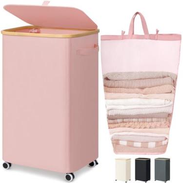 Imagem de Cesto de roupa suja Goodpick com rodas Tecido Oxford rosa 100L