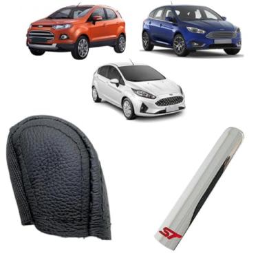 Imagem de Capa Couro Legitimo Câmbio Automático E Manual Com Filete Cromado Alavanca Freio De Mão Compatível Com Ka Eco sport New Fiesta (CÂMBIO MANUAL)