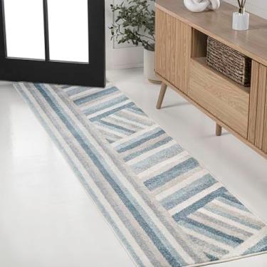 Imagem de JONATHAN Y DZC102B-28 Retro Rainbow Contemporary Stripe Azul/Creme/Cinza 6 pés x 2,4 m Tapete de corredor interno, não derrama, resistente a manchas, resistente ao desbotamento, fácil de limpar para