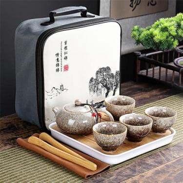 Imagem de Conjunto de chá chinês portátil - Bule de viagem de cerâmica com 5 peças, Gaiwan e 4 xícaras | Kit completo de chá Gongfu em bolsa de transporte, branco