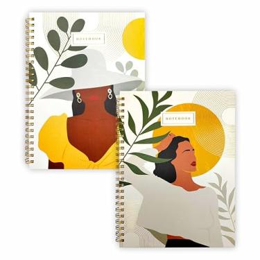 Imagem de mudrit Caderno espiral forrado, diário de capa dura B5, papel 100 GSM, 96 páginas, fio duplo dourado, 21,6 cm x 16,5 cm (boêmio chique + boêmio chique com chapéu)