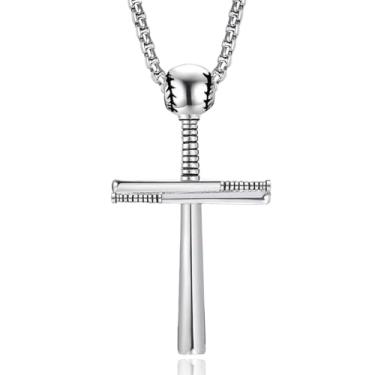 Imagem de Aloluo Colares de cruz de beisebol para homens e mulheres, aço inoxidável, banhado a prata, colar com pingente de taco de beisebol, joias esportivas, presentes