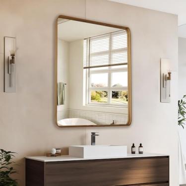 Imagem de miroro Espelho emoldurado de metal colorido de grão de madeira de 101 x 76 cm para parede, espelho retangular arredondado grande, antiferrugem, vidro temperado, pendurado horizontal ou verticalmente