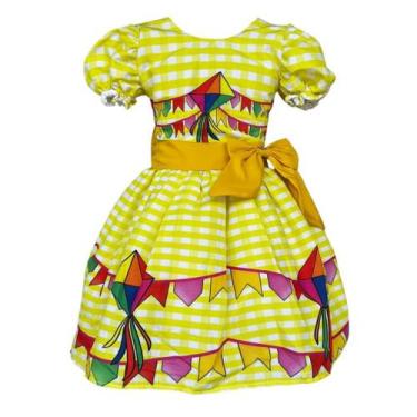 Imagem de Vestido Luxo Temático Infantil Festa Junina Xadrez Amarelo - Genérica,