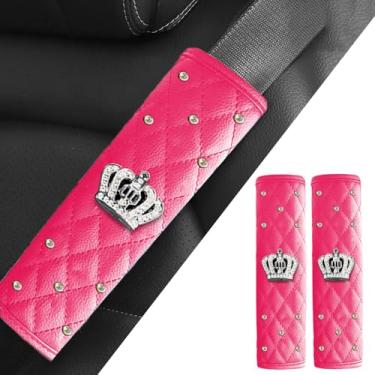 Imagem de MINGZAIQIPEI 2 peças de capa de cinto de segurança para carro, coroa de strass, almofada de ombro de diamante, interior automotivo, acessórios de proteção de pescoço de ombro, ajuste universal (rosa