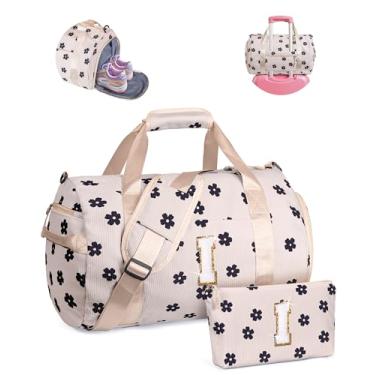Imagem de Vogewood Presente para crianças de 3, 4, 5, 6, 7, 8, 9, 10, 11 e 12 anos, bolsa de ginástica, bolsa de viagem inicial com bolsa de maquiagem, Flor bege, I