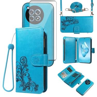 Imagem de Asuwish Capa de telefone para OnePlus 12R 5G/Ace 3 2024 carteira magnética destacável com protetor de tela de vidro temperado alça transversal flor porta-cartão slot 12 R R12 Ace3 feminino azul