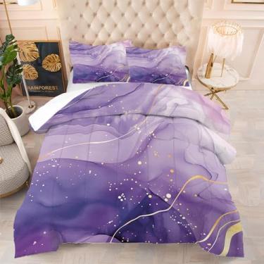 Imagem de EDGZKO Conjunto de edredom king roxo: conjunto de cama de mármore roxo claro, arte abstrata, colcha de mármore com glitter, aquarela, estética, conjunto de cama para mulheres e adultos, 3 peças