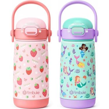 Imagem de Fimibuke Garrafa de água infantil isolada com tampa e alça de canudo – Copo de metal de aço inoxidável 18/8 livre de BPA, à prova de vazamento, parede dupla, copo infantil para meninos e meninas