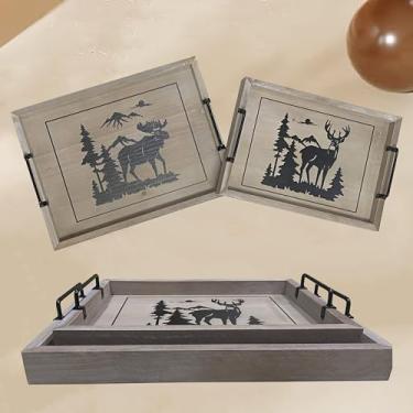 Imagem de Limygus Bandeja decorativa de madeira com alças de metal, cinza, design de alce floresta, 40 x 30 cm, 2 conjuntos, mesa de centro retangular otomana, perfume, sala de estar, bandeja de cozinha para