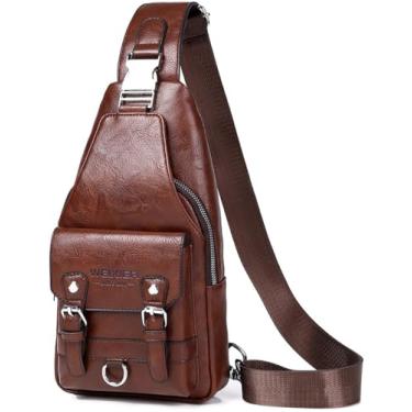 Imagem de Bolsa tiracolo de couro PU para homens - impermeável, leve, bolsa transversal no peito para caminhadas e ciclismo, B - Marrom escuro, Bolsa tiracolo