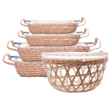 Imagem de Travessa e Assadeira Refratárias 5un Vidro com Suporte de Rattan