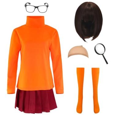 Imagem de Halloween Costume Women Detective Cosplay Outfit Vema Top Pleated Skirt Bob Wig Socks Glasses Magnifying Glass (XL)
