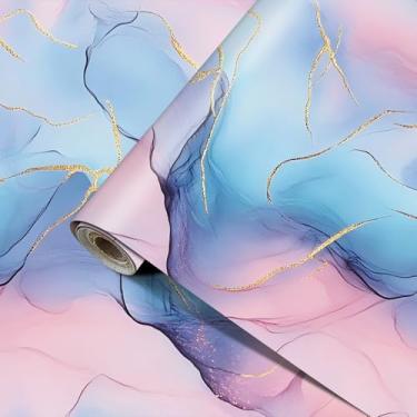 Imagem de HOMETITUTE Papel de parede de mármore rosa azul roxo dourado 40 x 192 cm papel de contato de vinil autoadesivo removível arte fluida capa de parede decorativa armário de bancada móveis decoração de
