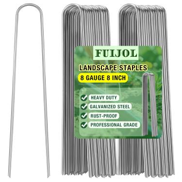 Imagem de Grampos de paisagem de calibre 8, FUIJOL Estacas de paisagem resistentes em forma de U de 20 cm, pacote com 15 grampos de jardim galvanizados para estacas de barreira de ervas daninhas, cobertura do
