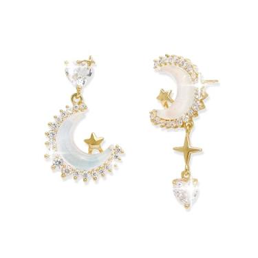 Imagem de Sonateomber Brincos femininos com pingente de estrela, sol, lua, zircônia, strass, pedra da lua, irregular, celestial, baile, casamento, joias modernas, presente, Latão, Zircônia cúbica