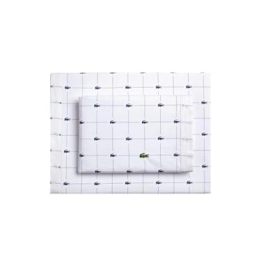 Imagem de Lacoste Conjunto de lençóis de 4 peças de percal 100% algodão fatiado – fresco, nítido, fosco e durável, certificado Oeko-Tex – estampado, azul marinho, casal