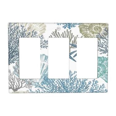 Imagem de Nautical Beach Coastal Ocean Blue Teal Light Switch Cover Decorativa Estrela do Mar Coral 3 Gang Triple Rocker Placa de Parede Placa Elétrica para Cozinha, Banheiro, Quarto, 16,7 cm x 11,7 cm