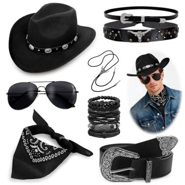 Imagem de NICEIGHT Conjunto de acessórios de cowboy para homens com faixa de chapéu de caubói ocidental com faixas, bandana, fivela, cinto, cowboy e Halloween, Preto, M