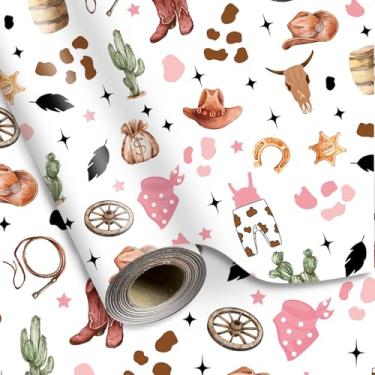 Imagem de JarThenaAMCS Papel de embrulho Little Cowgirl - Mini rolo - 43 cm x 80 m rosa marrom chapéu de vaqueira roupas cacto papel de arte de embrulho de presente para chá de bebê de aniversário ocidental