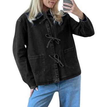 Imagem de Jaqueta jeans feminina COZYPOIN, gravata frontal, leve com bolsos