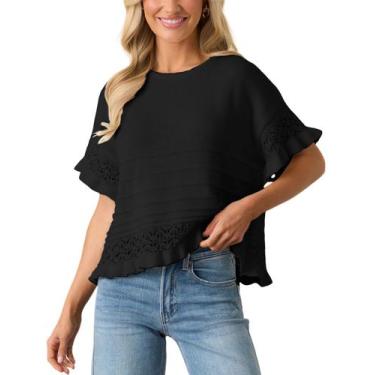 Imagem de Suéter feminino Yeokou, manga curta, bainha com babados, crochê, preto